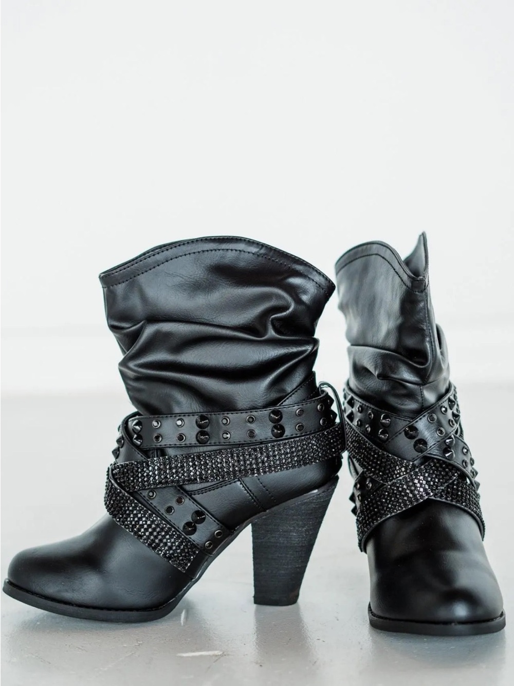 Not Rated - Black Studded and Crystal Wrap Low-Calve Boot Size 8.5 NIB